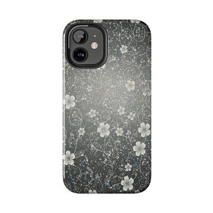 Floral Sparkle Tough Phone Case — Black & Silver Vintage Blossom