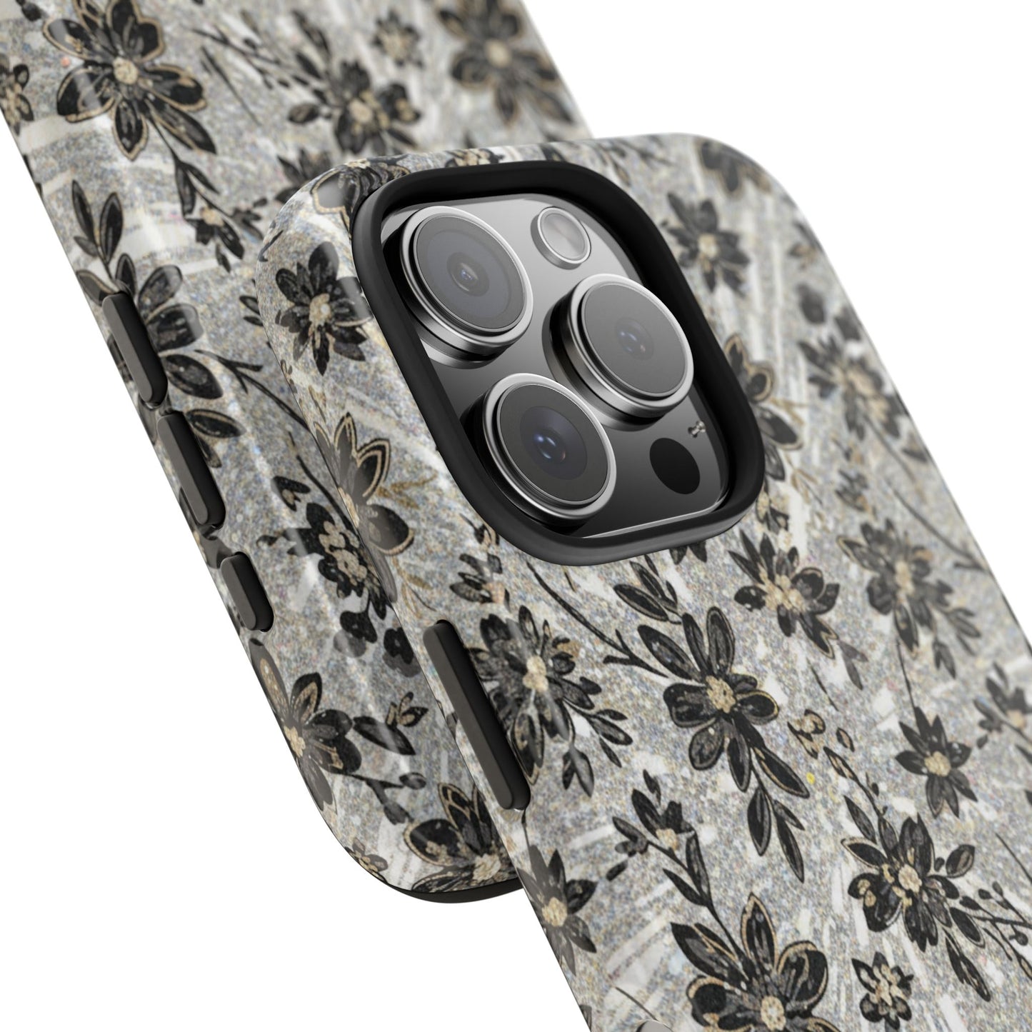 Floral Vintage Tough Phone Case — Black & Gray Rustic Flower Protective Case