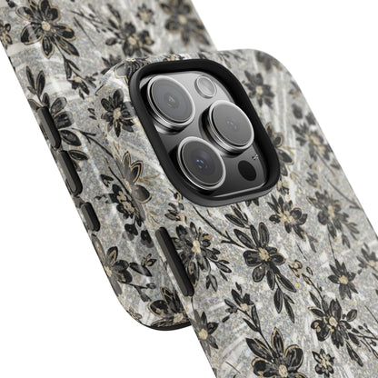 Floral Vintage Tough Phone Case — Black & Gray Rustic Flower Protective Case