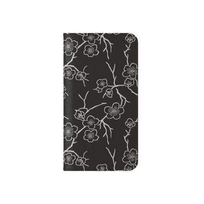 Black Cherry Blossom Flip Phone Case – Floral Wallet Flip Case with Card Slots