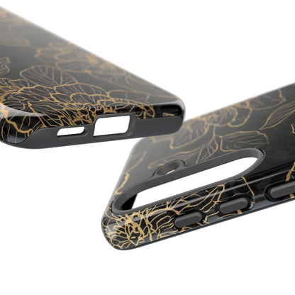Floral Gold Outline Tough Phone Case – Black Botanical Protective Cover