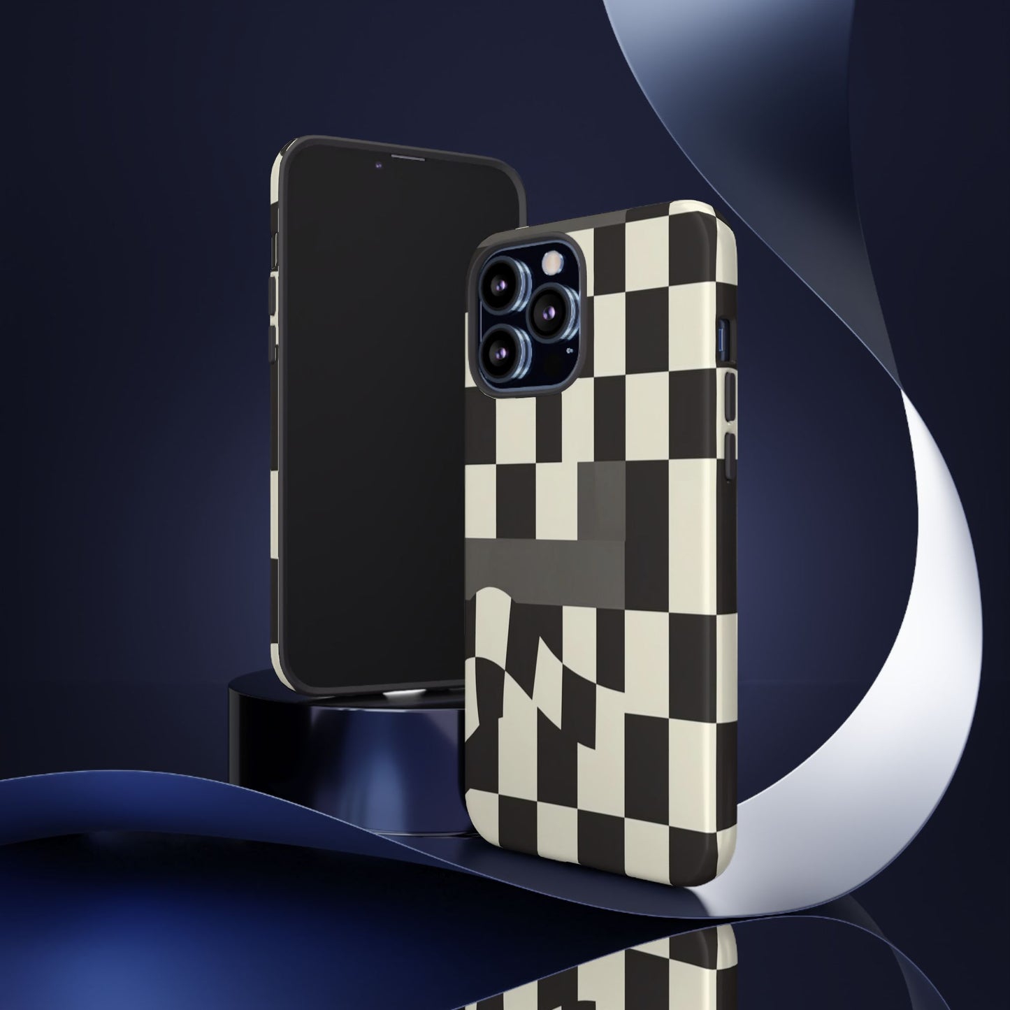 Checkerboard Wave Phone Case — Black & Cream Graphic Tough Case