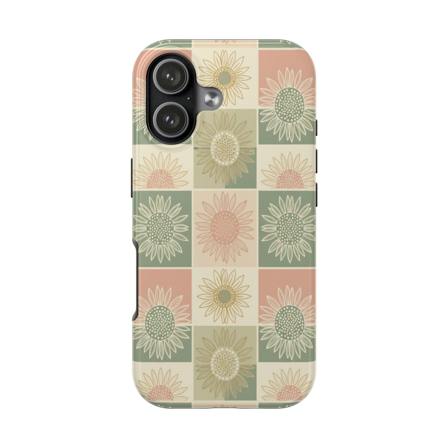 Sunflower Check iPhone Tough Phone Case — Retro Pastel Floral Protective Cover