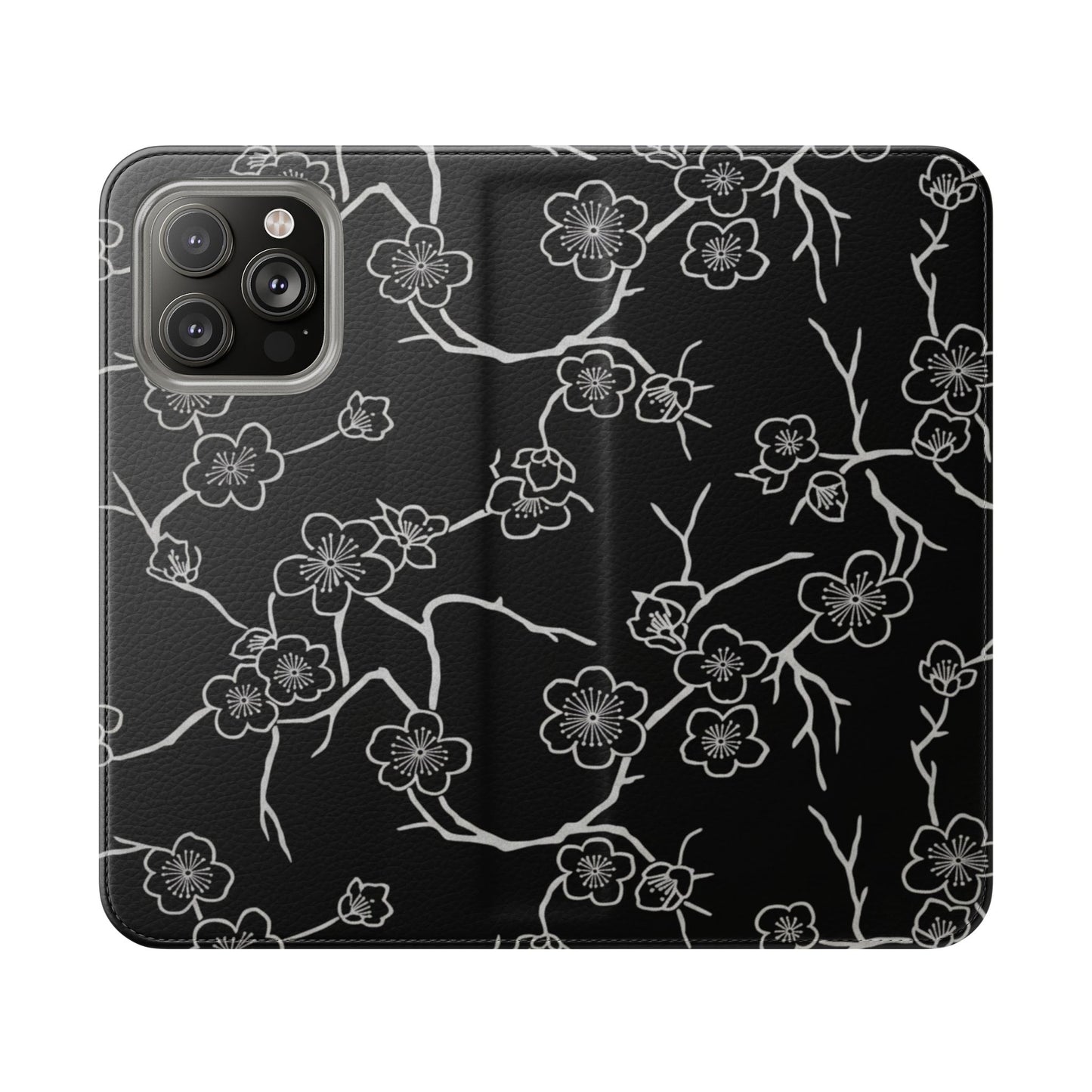 Black Cherry Blossom Flip Phone Case – Floral Wallet Flip Case with Card Slots