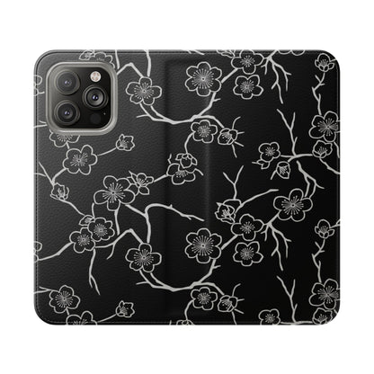 Black Cherry Blossom Flip Phone Case – Floral Wallet Flip Case with Card Slots