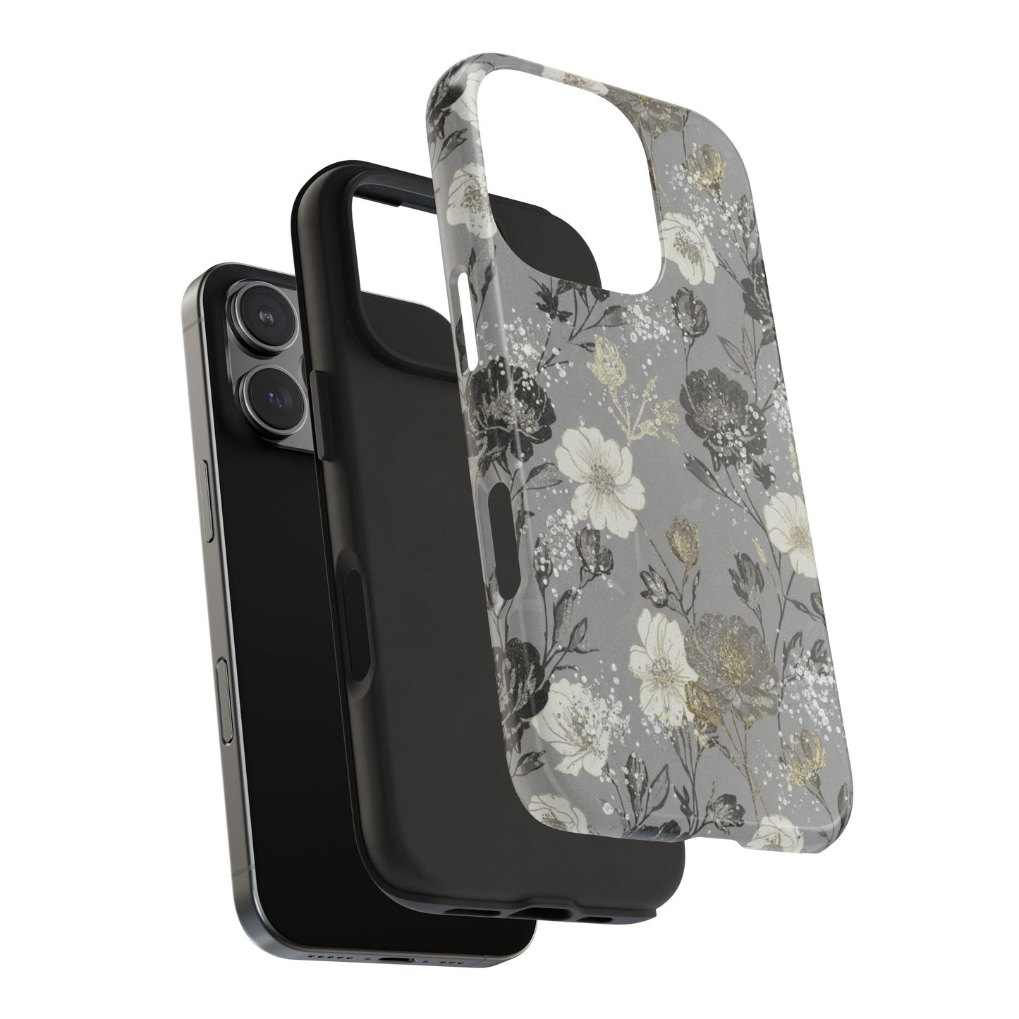 Floral Gray Tough Phone Case — Elegant Protective Phone Cover with Gold Accent