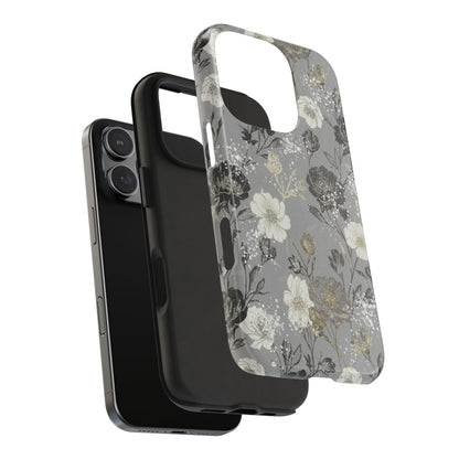 Floral Gray Tough Phone Case — Elegant Protective Phone Cover with Gold Accent
