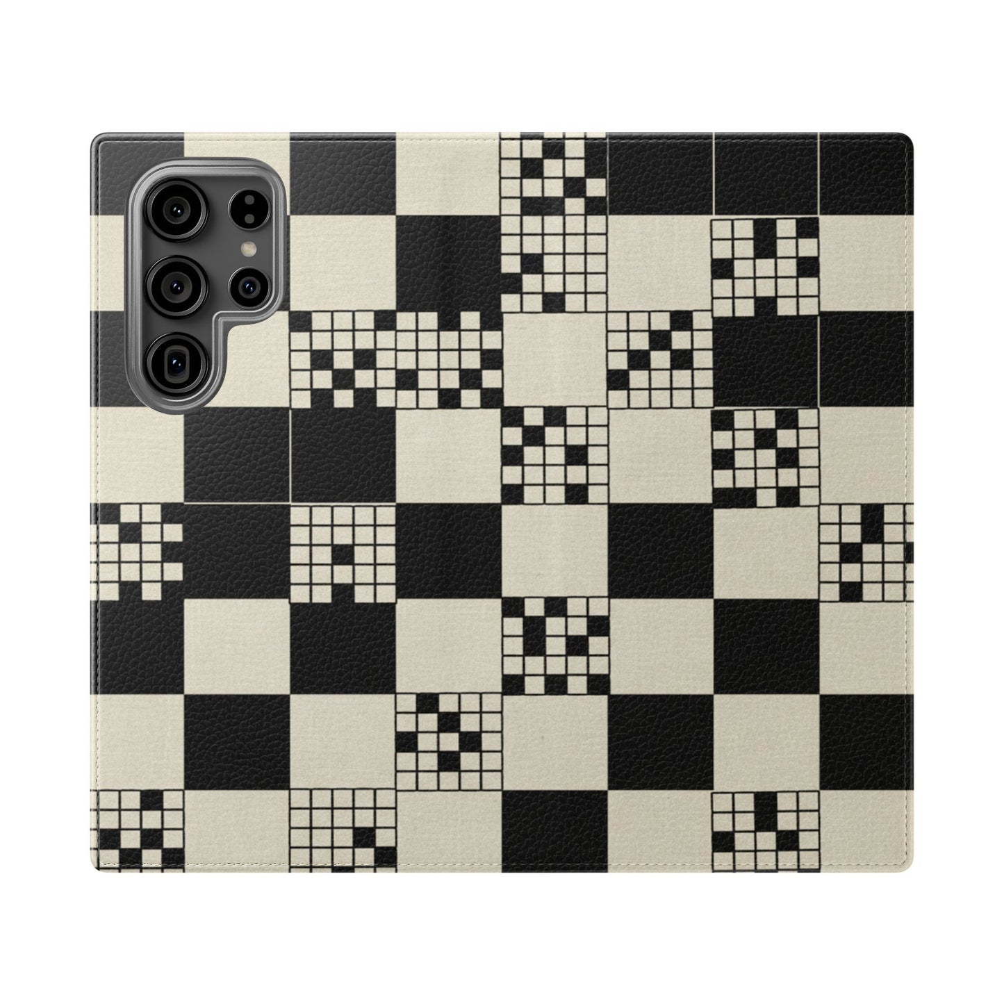 Checkerboard Flip Phone Case – Retro Black & Cream Geometric Wallet Case