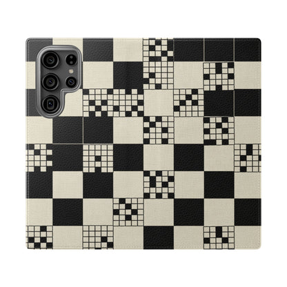 Checkerboard Flip Phone Case – Retro Black & Cream Geometric Wallet Case