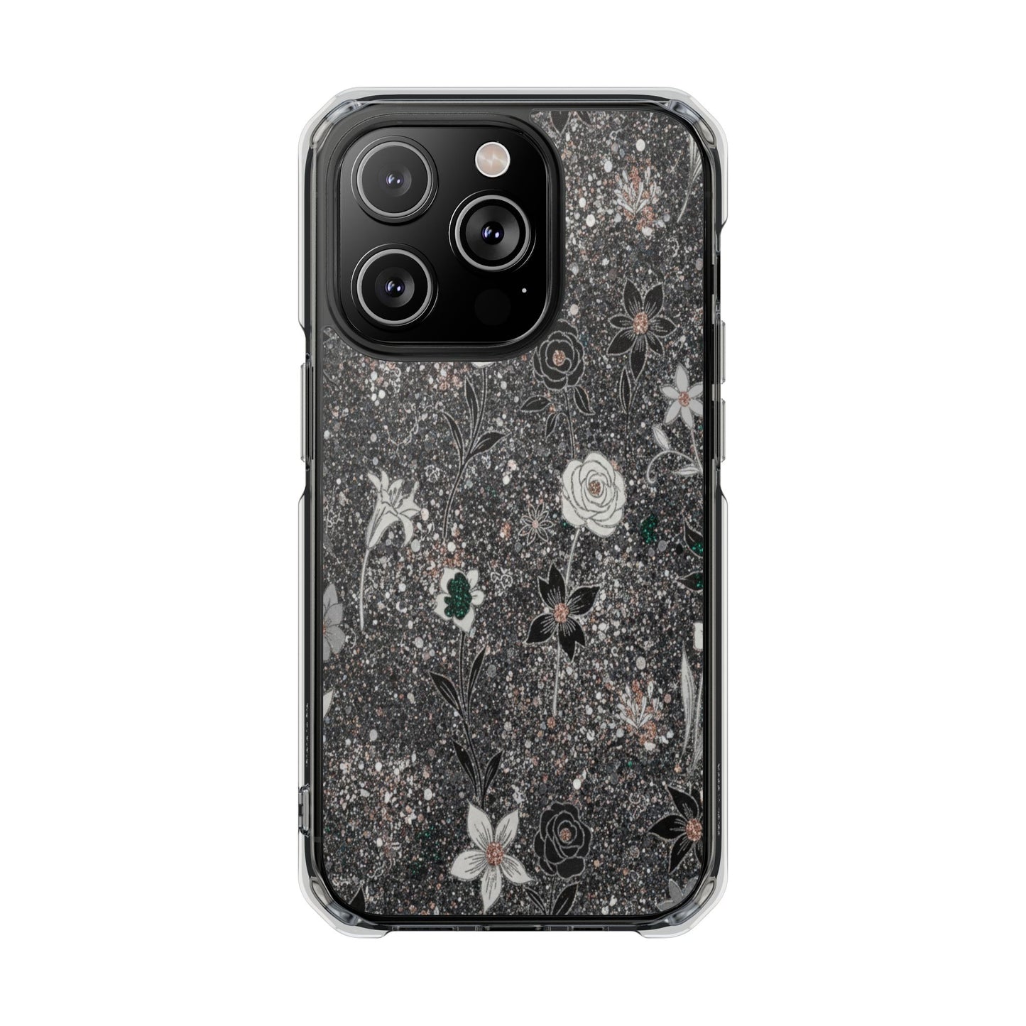 Clear Floral Glitter Magnetic Phone Case — Protective Impact Case with Rose & Daisy Design
