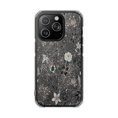 Clear Floral Glitter Magnetic Phone Case — Protective Impact Case with Rose & Daisy Design