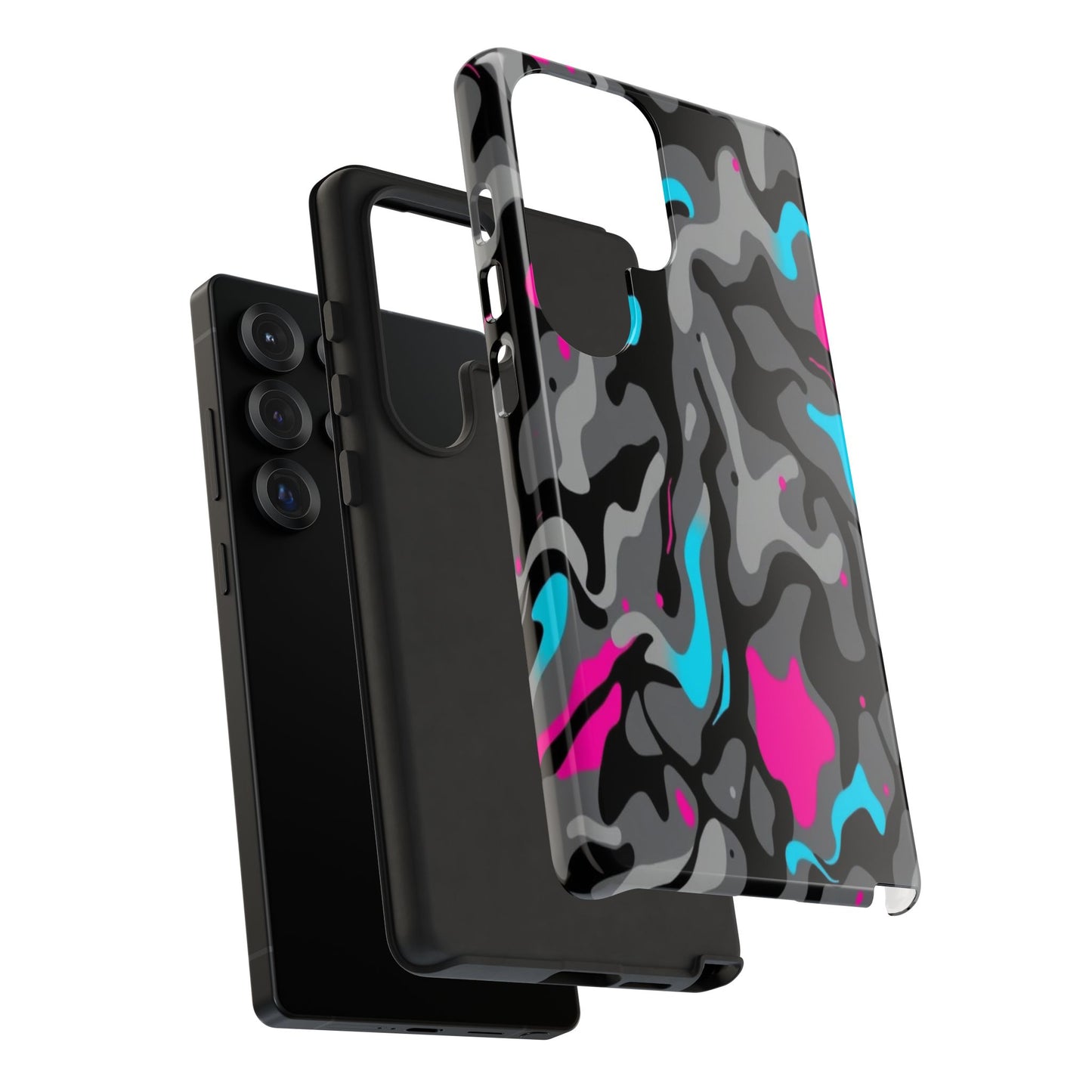 Camouflage Phone Case — Gray Camo with Neon Pink & Cyan Accent Tough Protective Cover
