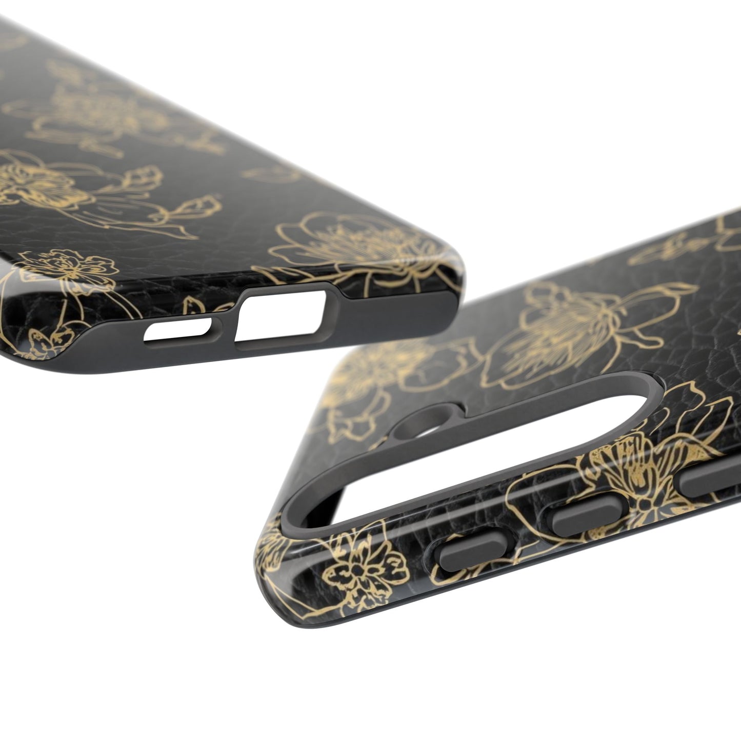 Floral Leather Phone Case — Gold Outline Flowers on Black Tough Case
