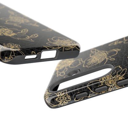 Floral Leather Phone Case — Gold Outline Flowers on Black Tough Case