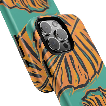 Tropical Leaf Tough Phone Case — Orange Monstera Design on Teal