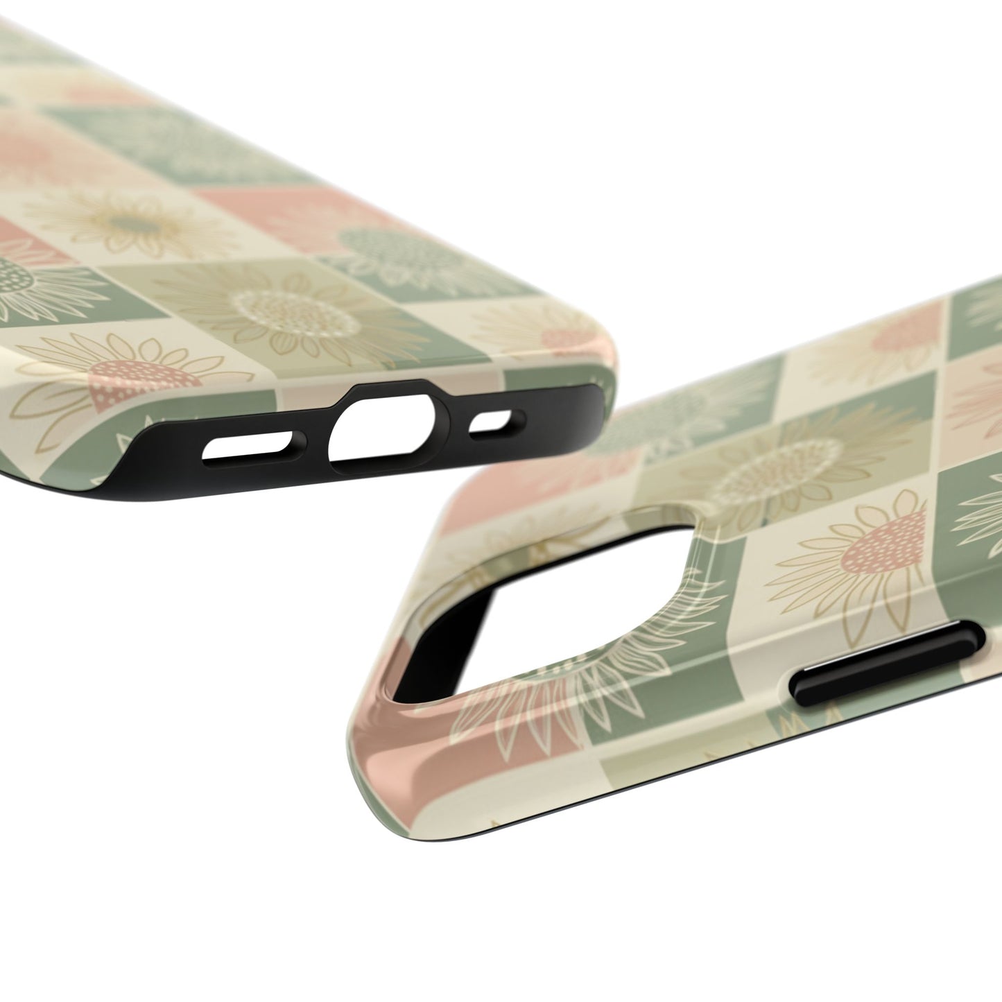 Sunflower Check iPhone Tough Phone Case — Retro Pastel Floral Protective Cover