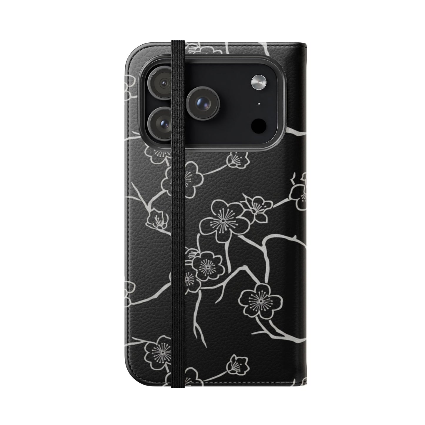 Black Cherry Blossom Flip Phone Case – Floral Wallet Flip Case with Card Slots