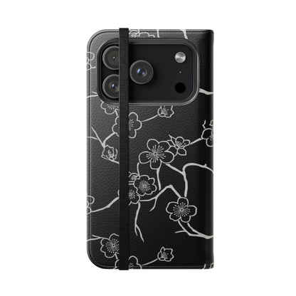 Black Cherry Blossom Flip Phone Case – Floral Wallet Flip Case with Card Slots