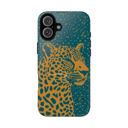 Leopard Print Tough Phone Case — Gold Panther on Teal, Protective iPhone Cover