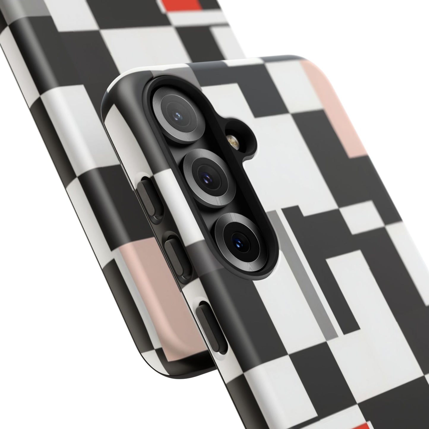 Abstract Geometric Phone Case – Black & White Checker Grid with Red Accent