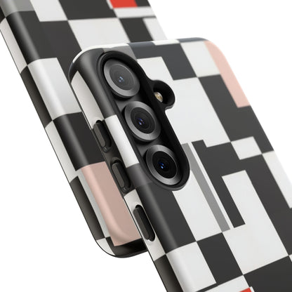 Abstract Geometric Phone Case – Black & White Checker Grid with Red Accent