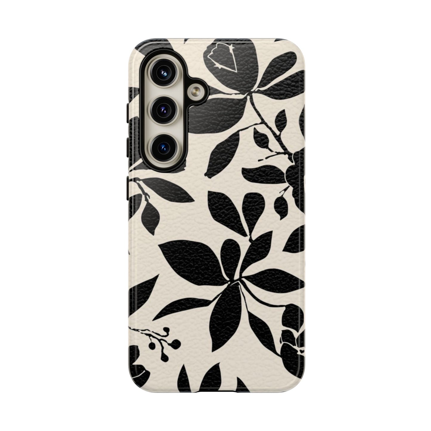Black Floral Pattern Phone Case — Monochrome Botanical Tough Case