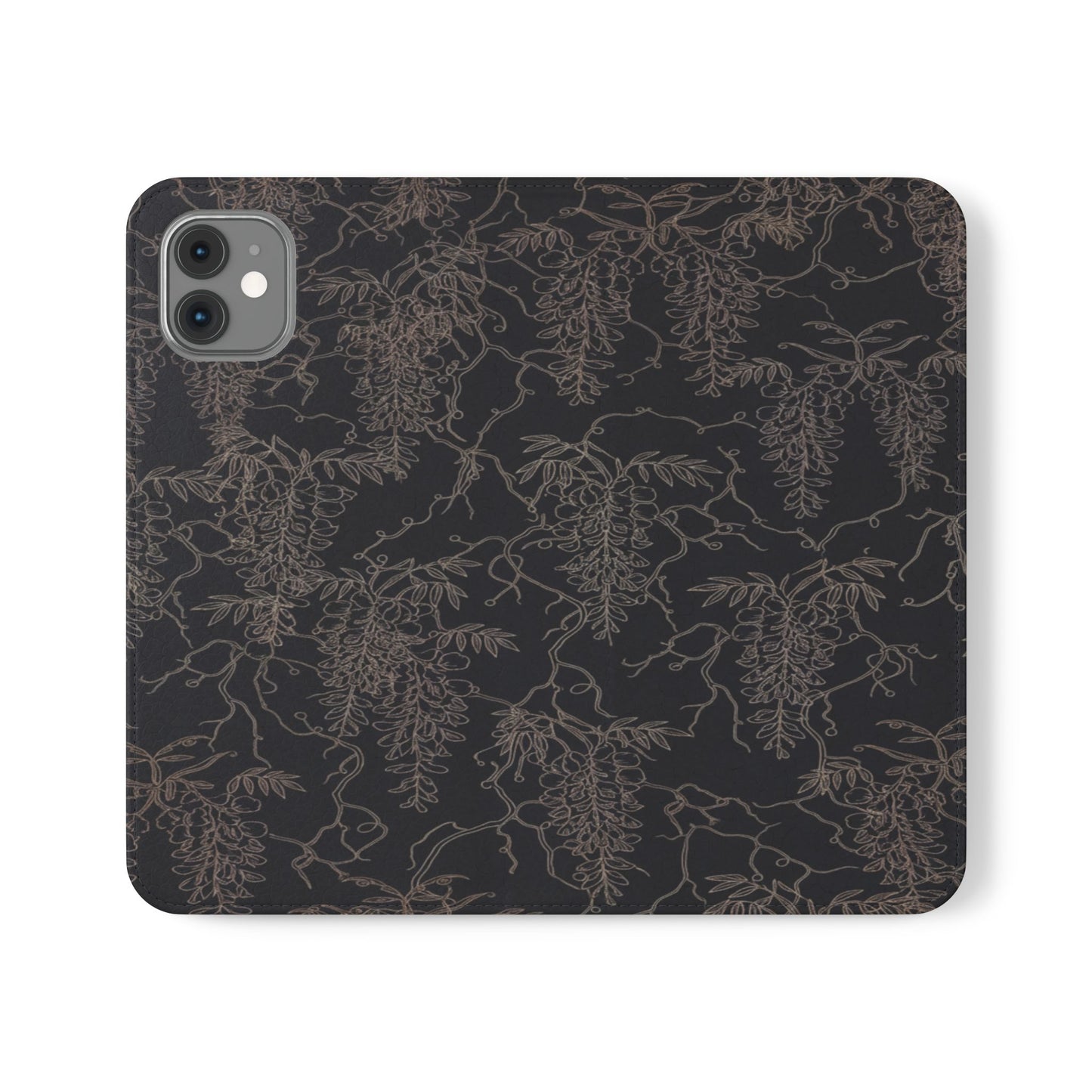 Botanical Noir Flip Phone Case — Dark Floral Wallet Cover with Card Slots