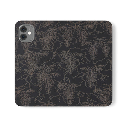 Botanical Noir Flip Phone Case — Dark Floral Wallet Cover with Card Slots
