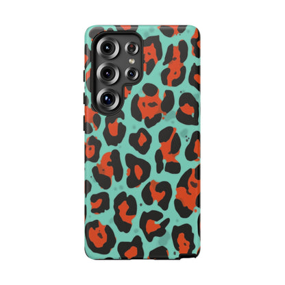 Leopard Print Tough Phone Case — Teal & Rust Protective iPhone Cover