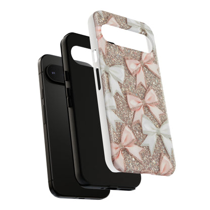 Glitter Bow Tough Phone Case — Pink & White Ribbon Protective Cover
