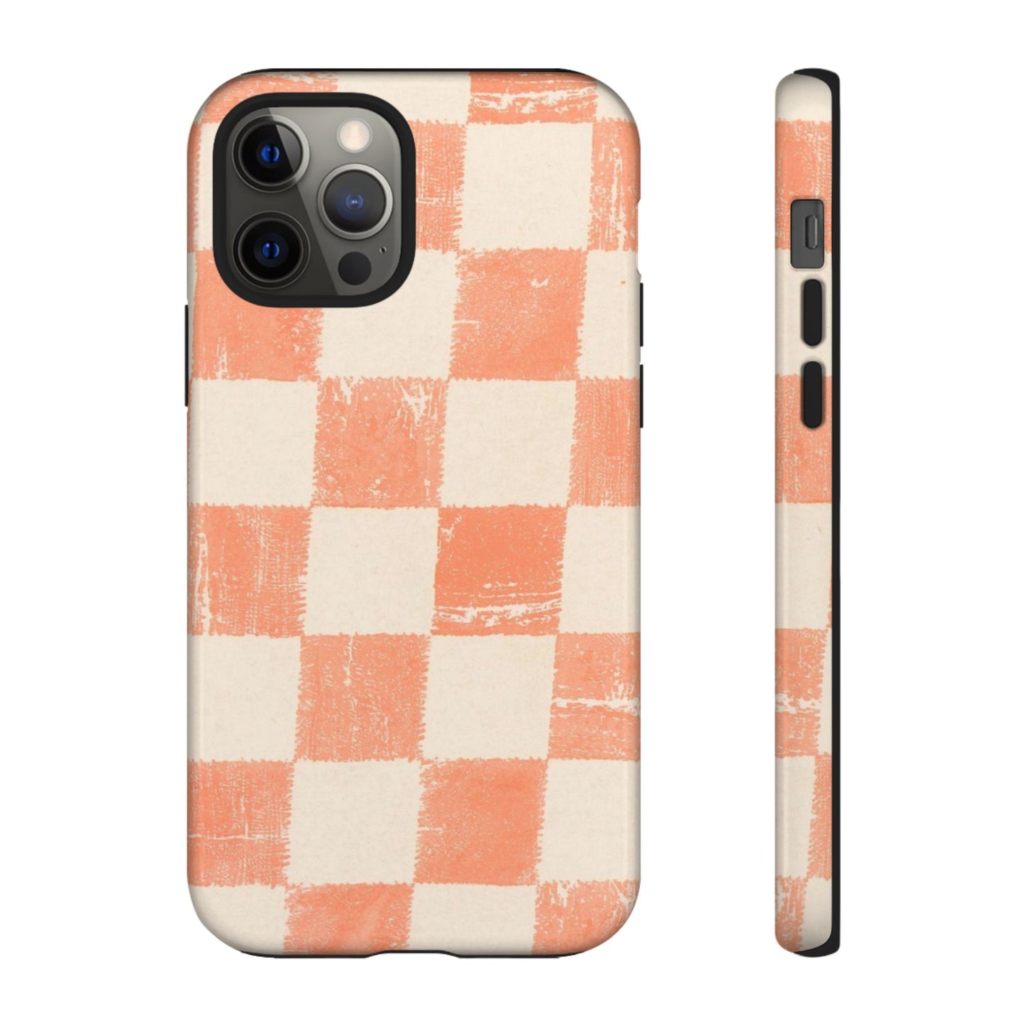 Peach Checkerboard Tough Phone Case — Retro Distressed Grid Design