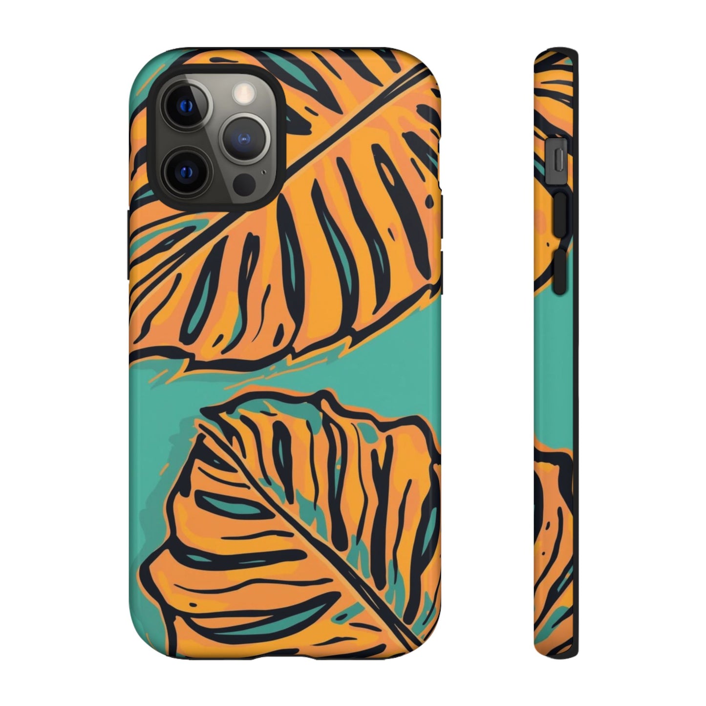 Tropical Leaf Tough Phone Case — Orange Monstera Design on Teal