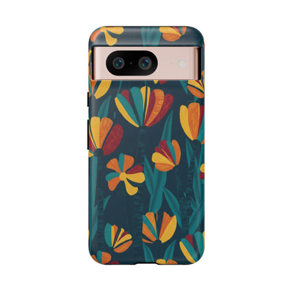 Floral Retro Teal Tough Phone Case — Vibrant Orange & Mustard Blooms