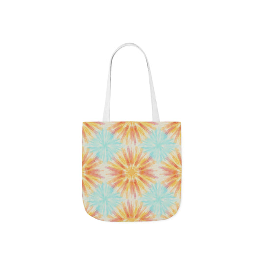 Tie-Dye Floral Canvas Tote Bag – Retro Sunburst Pattern, Beach & Market Bag