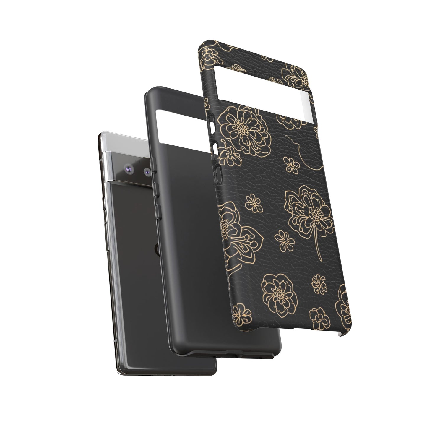 Floral Leather-Texture Tough Case – Black Gold Outline Phone Cover