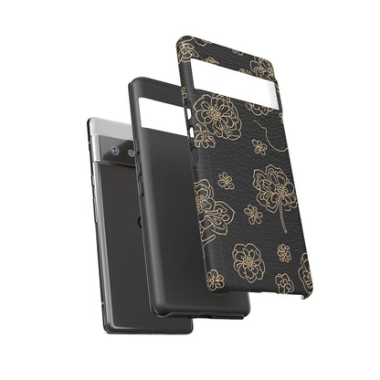 Floral Leather-Texture Tough Case – Black Gold Outline Phone Cover