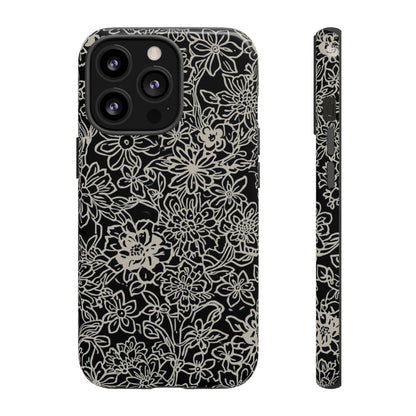 Floral Doodle Tough Phone Case — Black & White Sketch Flower Protective Cover