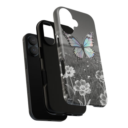 Butterfly Field Tough Phone Case — Pastel Holographic Butterfly on Black & White Floral Background