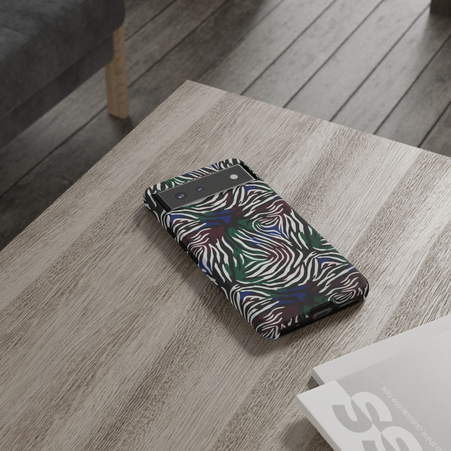 Zebra Camo Tough Phone Case – Green & Blue Animal Print Protective Cover