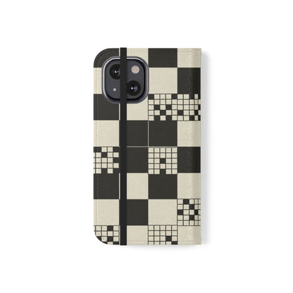 Checkerboard Flip Phone Case – Retro Black & Cream Geometric Wallet Case