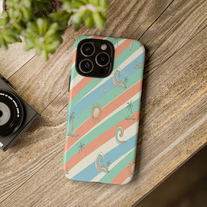 Retro Beach Stripes Phone Case — Sun, Waves & Palm Pattern Tough Case