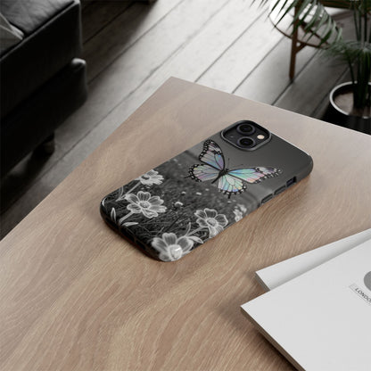 Butterfly Field Tough Phone Case — Pastel Holographic Butterfly on Black & White Floral Background