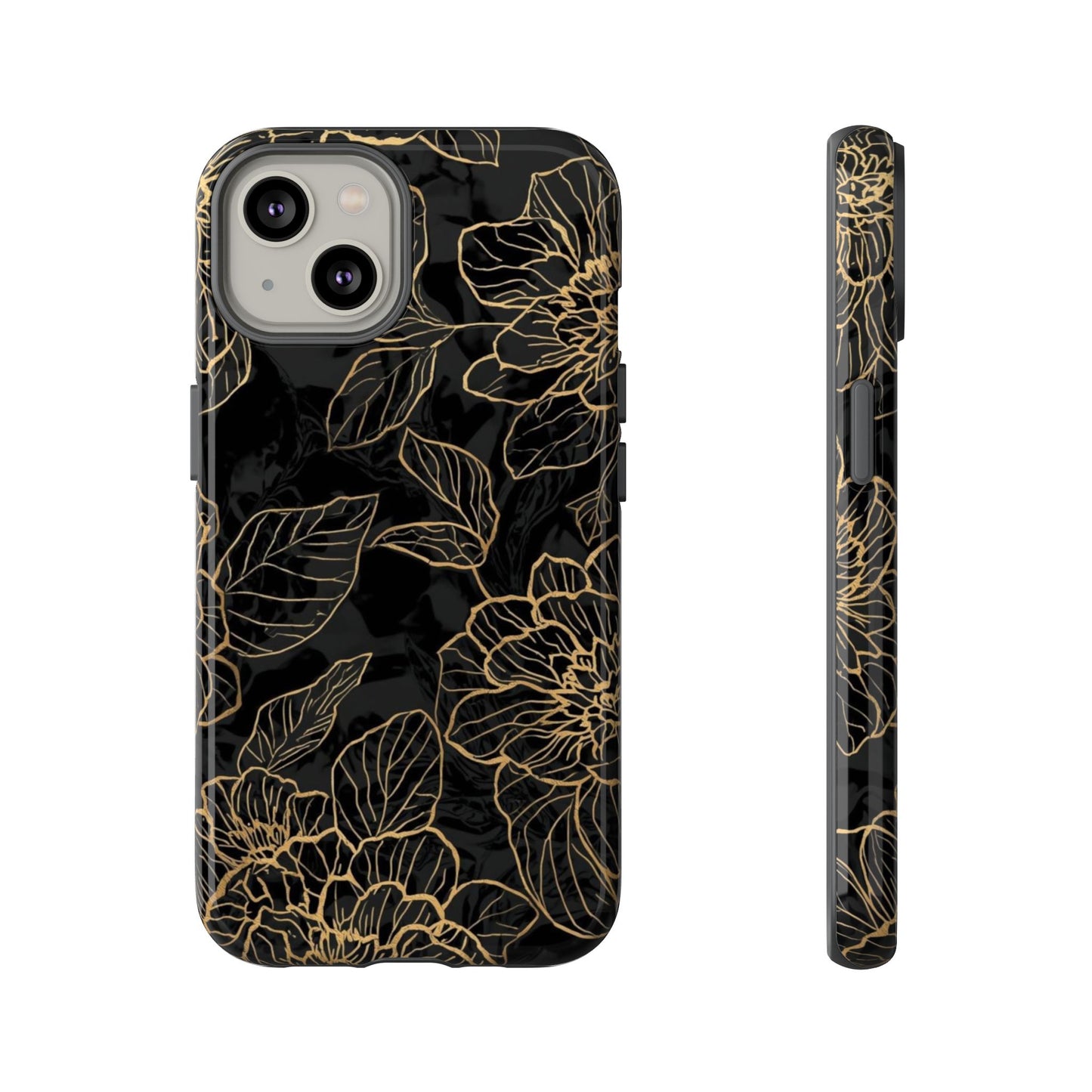 Floral Gold Outline Tough Phone Case – Black Botanical Protective Cover