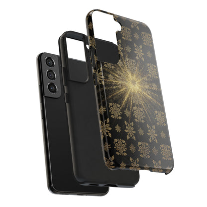 Glitter Burst Tough Phone Case — Black & Gold Floral Protective Cover