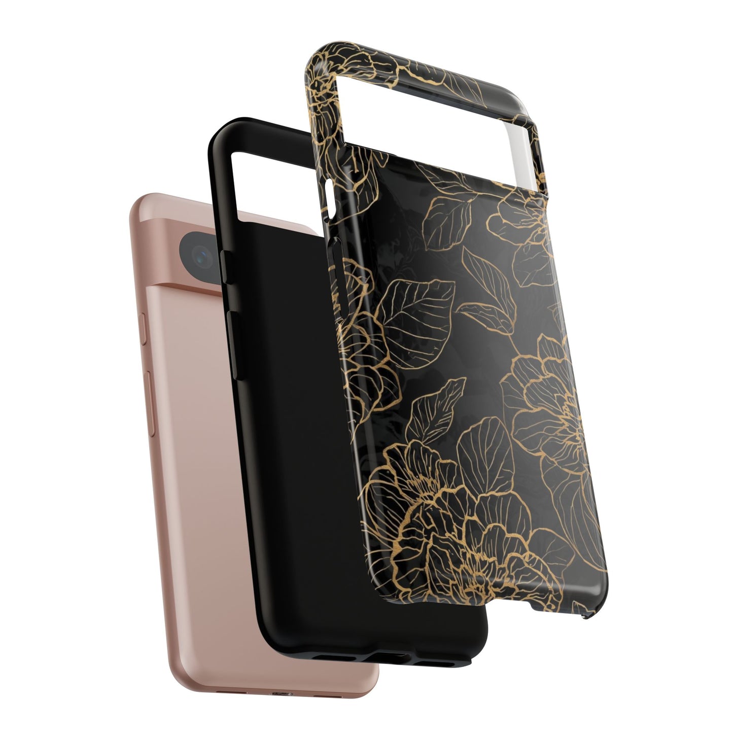 Floral Gold Outline Tough Phone Case – Black Botanical Protective Cover