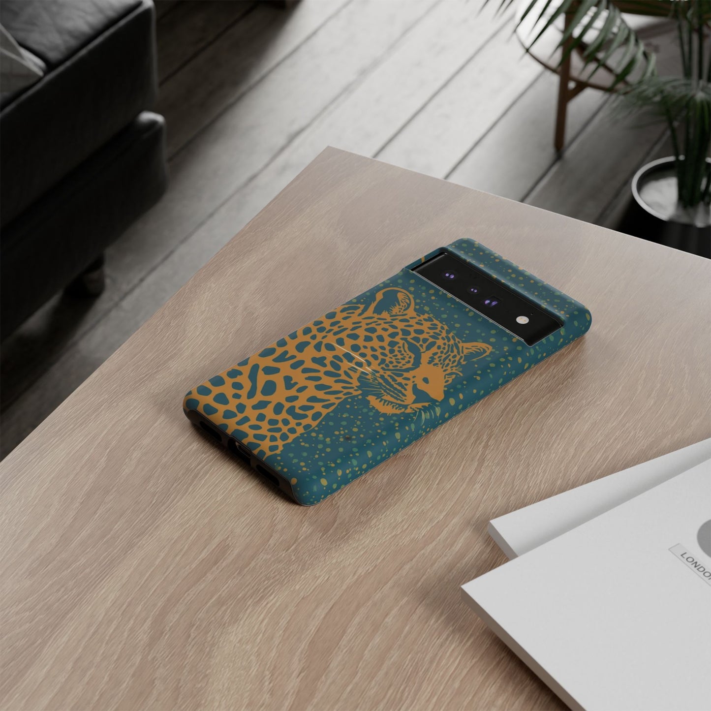 Leopard Print Tough Phone Case — Gold Panther on Teal, Protective iPhone Cover