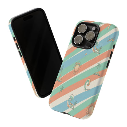 Retro Beach Stripes Phone Case — Sun, Waves & Palm Pattern Tough Case