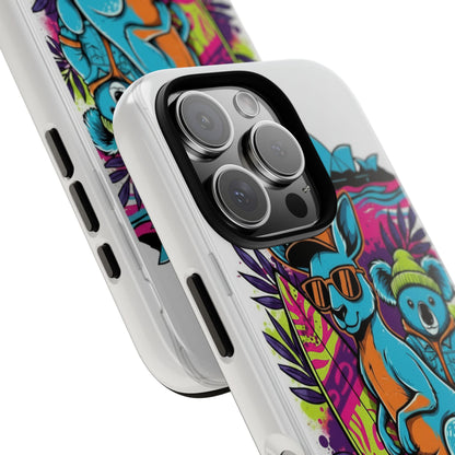 Kangaroo & Koala Surf Phone Case — Retro Neon Beach Art Tough Case