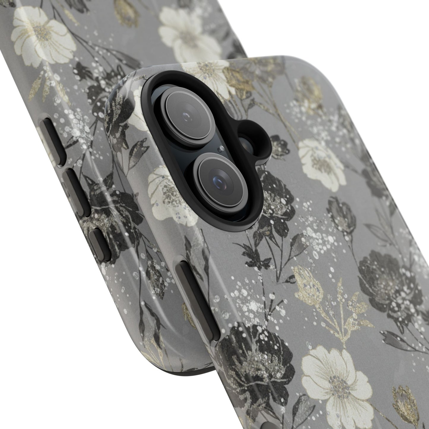 Floral Gray Tough Phone Case — Elegant Protective Phone Cover with Gold Accent