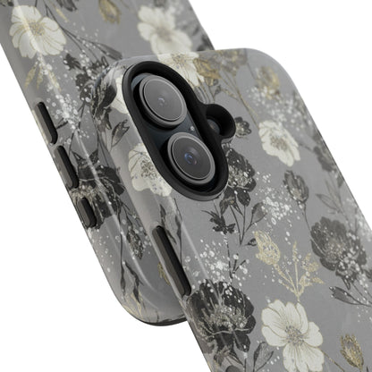 Floral Gray Tough Phone Case — Elegant Protective Phone Cover with Gold Accent
